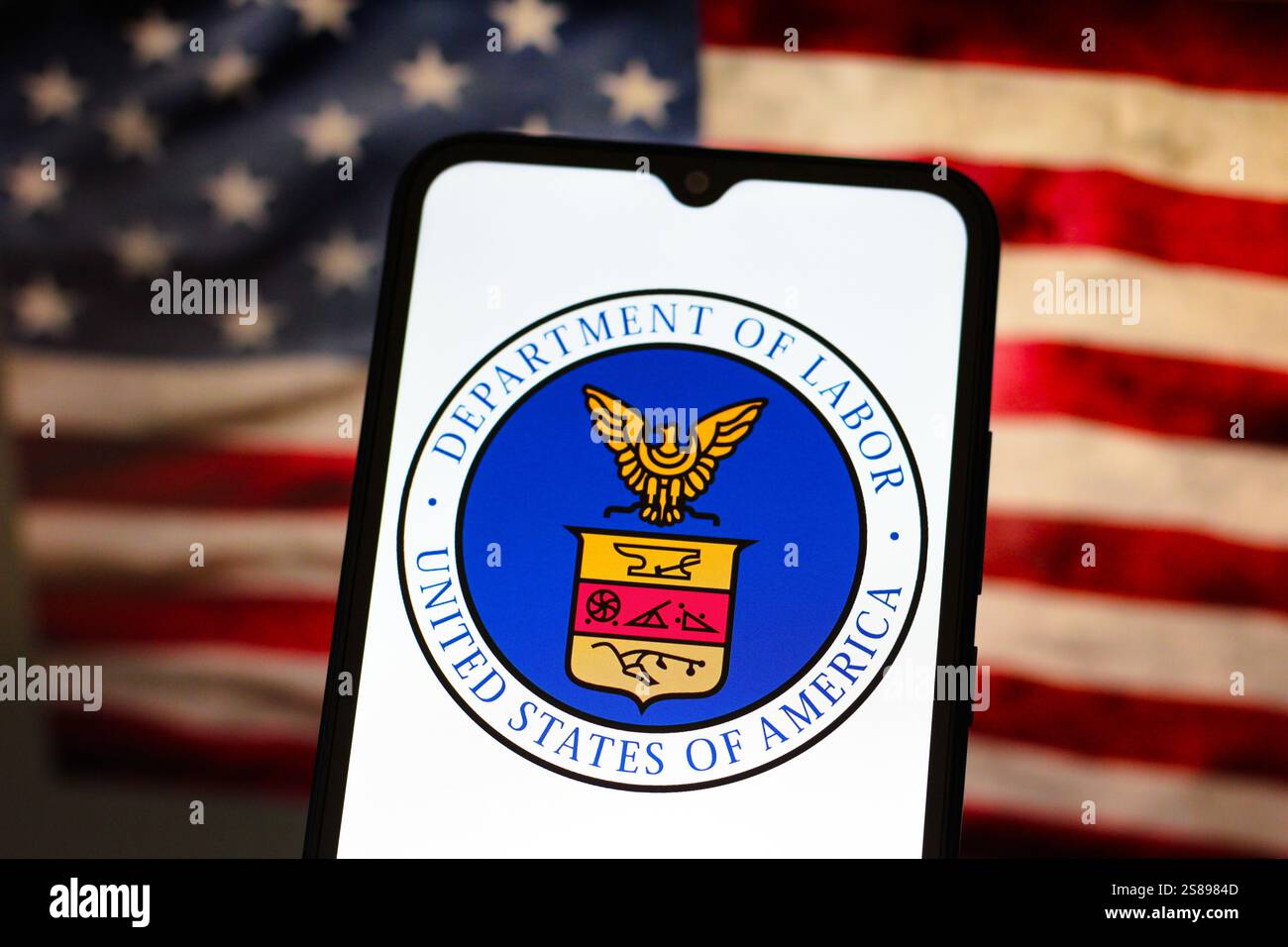 Canada. 21 gennaio 2025. In questa immagine, il logo DOL (United States Department of Labor) viene visualizzato sullo schermo di uno smartphone con la bandiera americana sullo sfondo. (Credit Image: © Thomas Fuller/SOPA Images via ZUMA Press Wire) SOLO PER USO EDITORIALE! Non per USO commerciale! Foto Stock