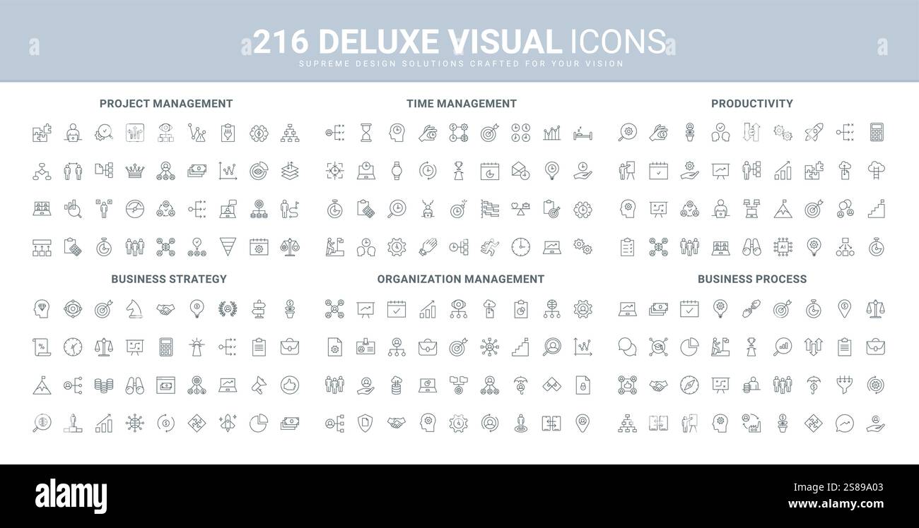 Insieme di icone di strategia aziendale, gestione degli obiettivi e del tempo, struttura del sistema di progetto e linea del piano del flusso di lavoro. Comunicazione e fidelizzazione in un team aziendale, simboli sottili di contorno neri, illustrazione vettoriale Illustrazione Vettoriale