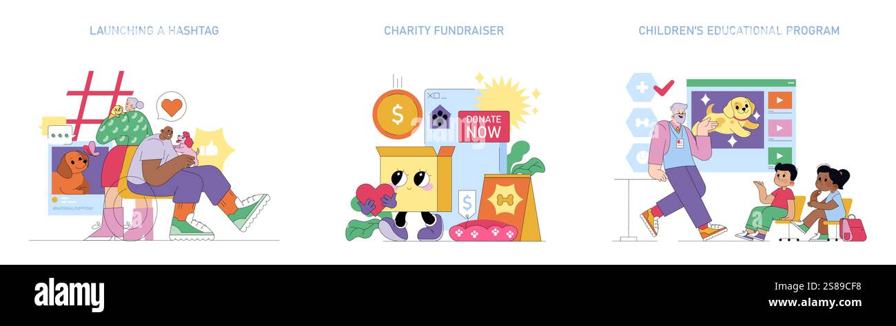 Illustrazione del National Puppy Day. Celebrare l'amore per i cuccioli e promuovere la consapevolezza attraverso hashtag ed eventi di beneficenza. Impegnarsi con l'educazione della comunità sulla cura e l'adozione degli animali domestici. Illustrazione vettoriale. Illustrazione Vettoriale