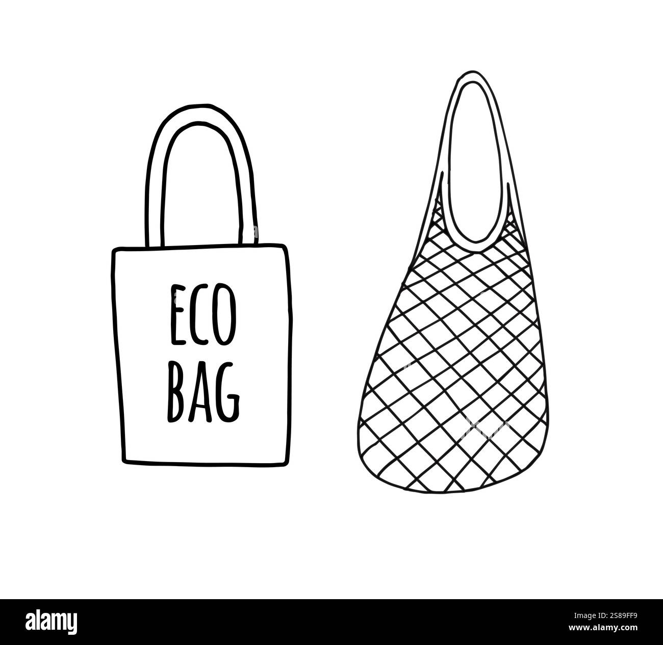 Disegno vettoriale a due schizzi disegnati a mano Shopping, panno riutilizzabile, borsa ecologica in cotone a rete con cordoncino, isolata su sfondo bianco Illustrazione Vettoriale