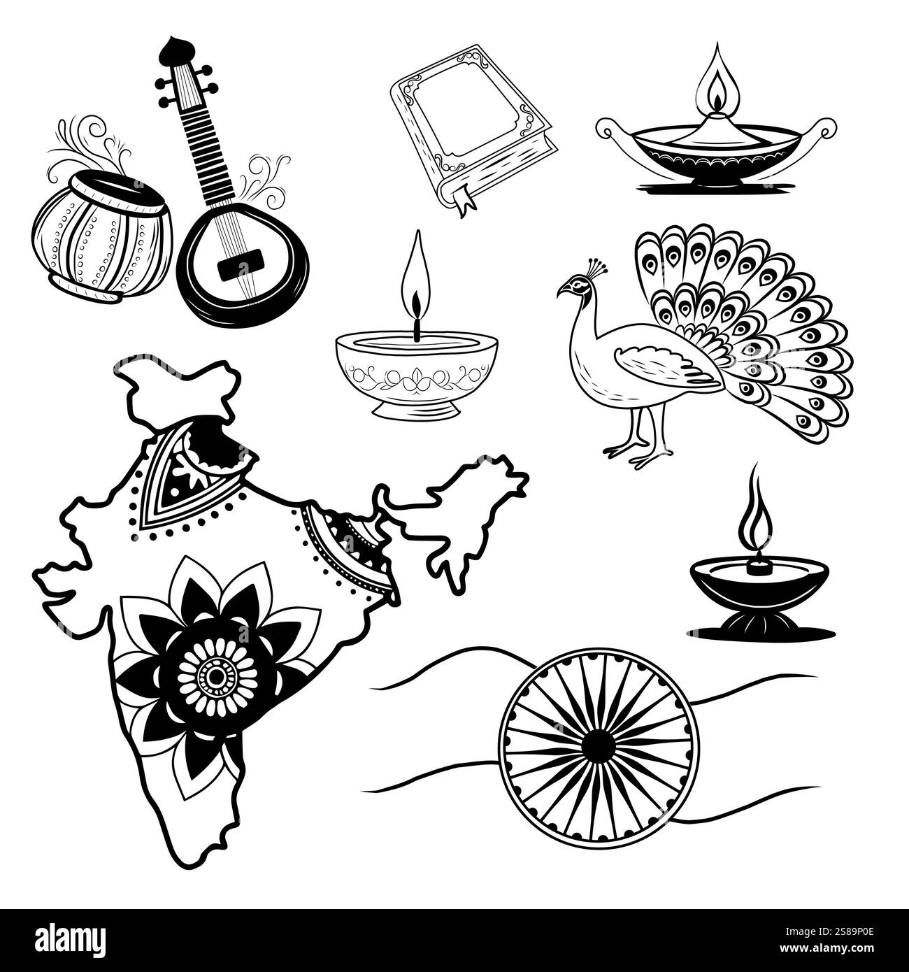 Doodle simboli indiani tradizionali per il giorno della Repubblica. Illustrazione vettoriale disegnata a mano. Illustrazione Vettoriale