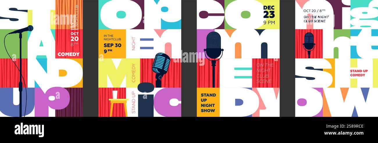 Elegante poster in stile comico con design brutalista, con microfoni, comici ed elementi vibranti. Opere d'arte alla moda per spettacoli comici, eventi club e promozioni per la vita notturna Illustrazione Vettoriale