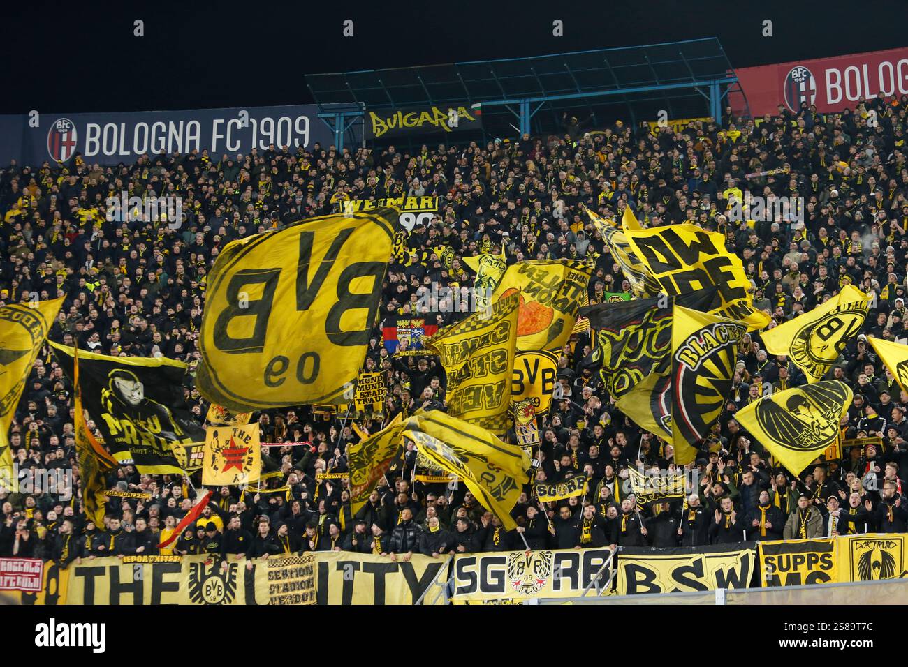 Torino, Italia. 21 gennaio 2025. Tifosi del Borussia durante la IUefa Champions League, stagione 2024/25, partita di calcio tra Bologna FC 1909 e Borussia Dortmund il 21 gennaio 2025 allo Stadio Renato Dall'Ara di Bologna. Crediti: Nderim Kaceli/Alamy Live News Foto Stock