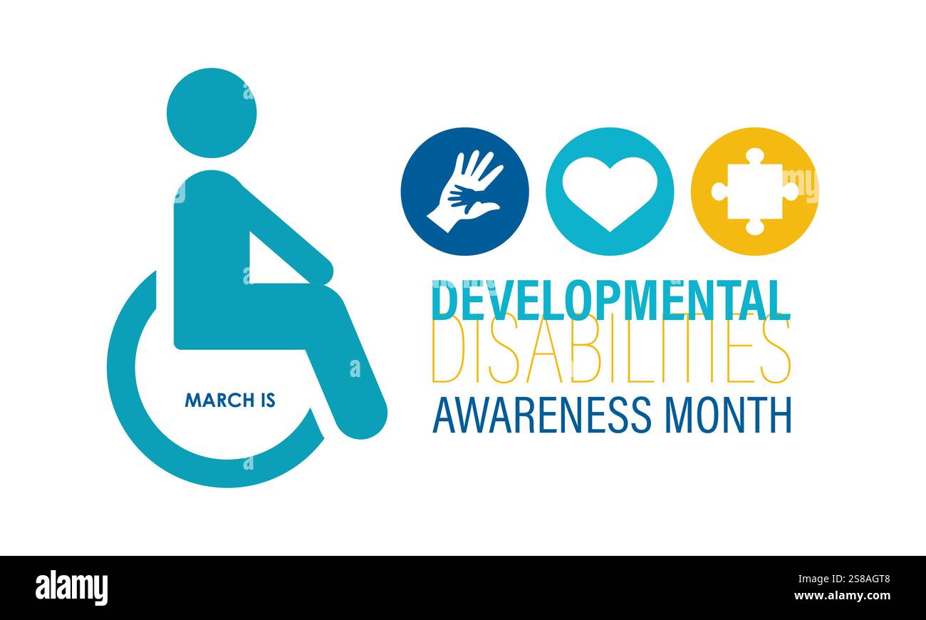 Il mese della consapevolezza delle disabilità dello sviluppo viene osservato ogni anno a marzo. aumentare la consapevolezza delle esigenze e del potenziale degli individui. Illustrazione Vettoriale