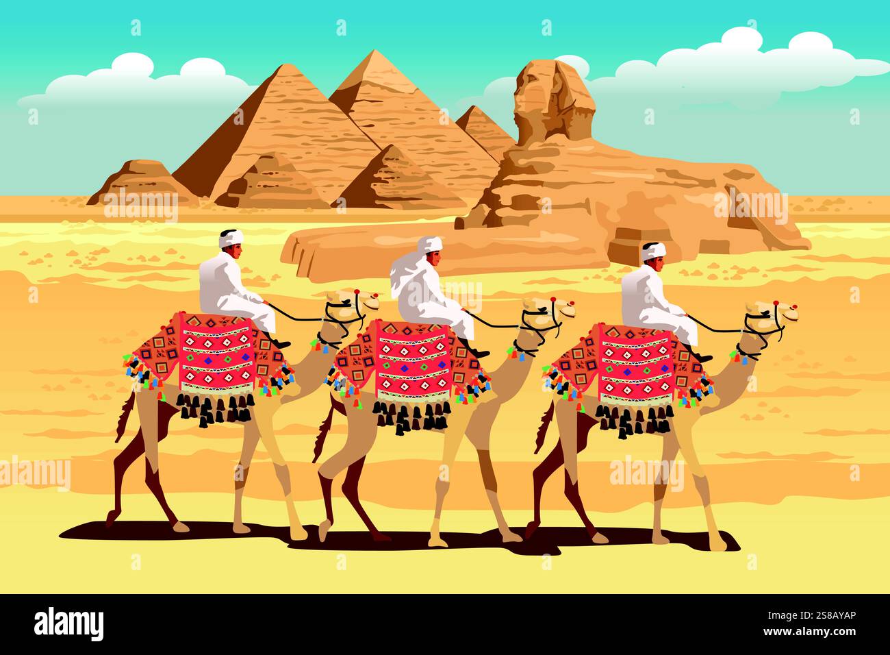 Un'illustrazione vettoriale di uomini che cavalcano cammelli nella piramide di fronte all'Egitto Illustrazione Vettoriale