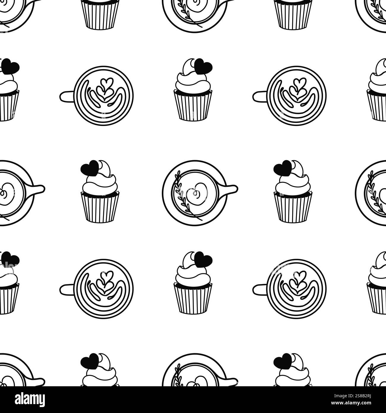 Motivo senza cuciture con tazze da caffè e cupcake Foto Stock