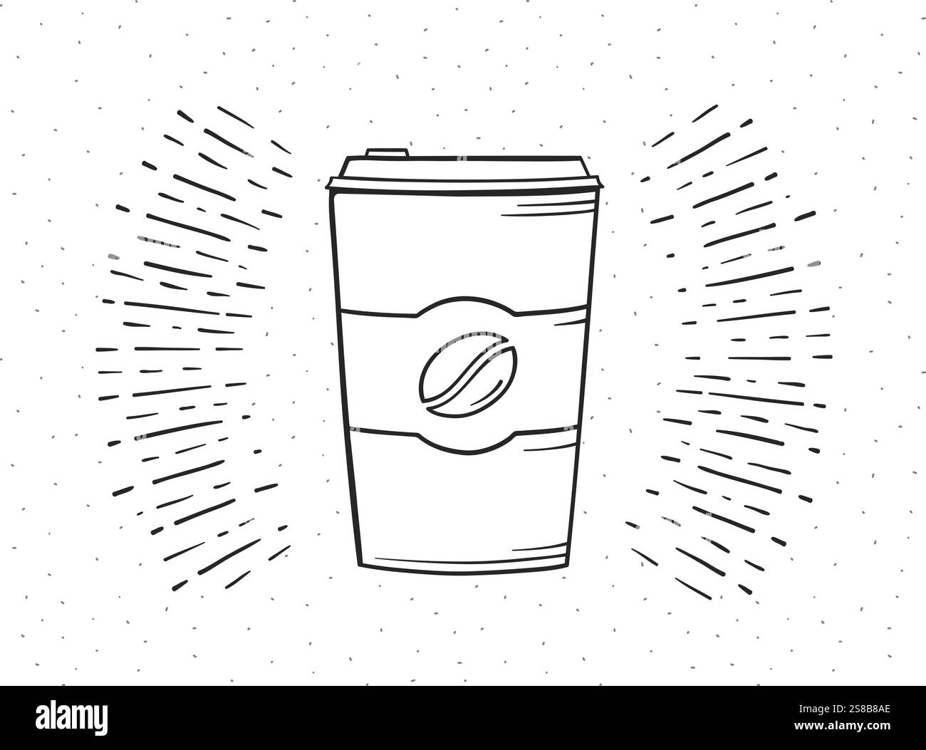 Tazza da caffè da asporto disegnata a mano su sfondo retrò con immagine Sunburst, vettoriale eps10 Illustrazione Vettoriale