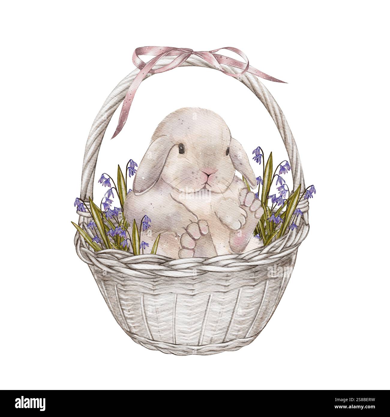 Un'illustrazione acquerello di un simpatico coniglietto seduto in un cestino adornato con fiori viola e legato con un nastro rosa, creando un'affascinante e festosa decorazione primaverile Foto Stock