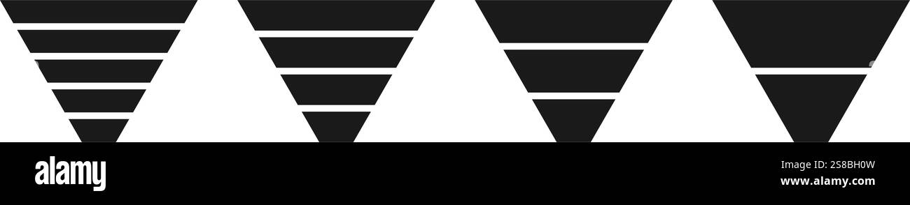 Set di imbuti di vendita. Modello di piramide aziendale con fasi. Schema delle fasi del diagramma a imbuto. Icona livello filtro. Grafico conico infografico. Vettore Illustrazione Vettoriale