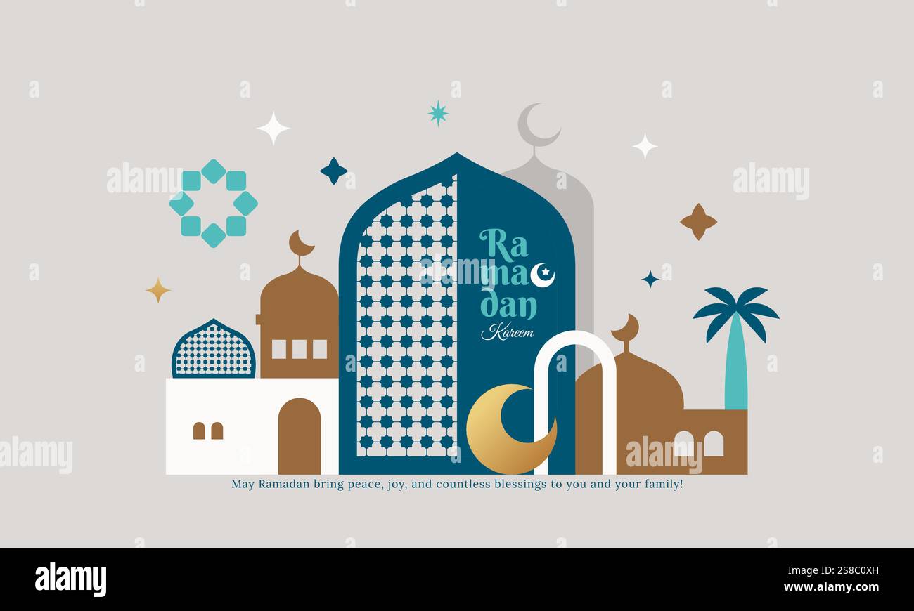 Design di striscioni Ramadan Kareem con moschea, luna crescente, stelle e tipografia in stile geometrico piatto. Elegante e moderno design Ramadan Mubarak Illustrazione Vettoriale