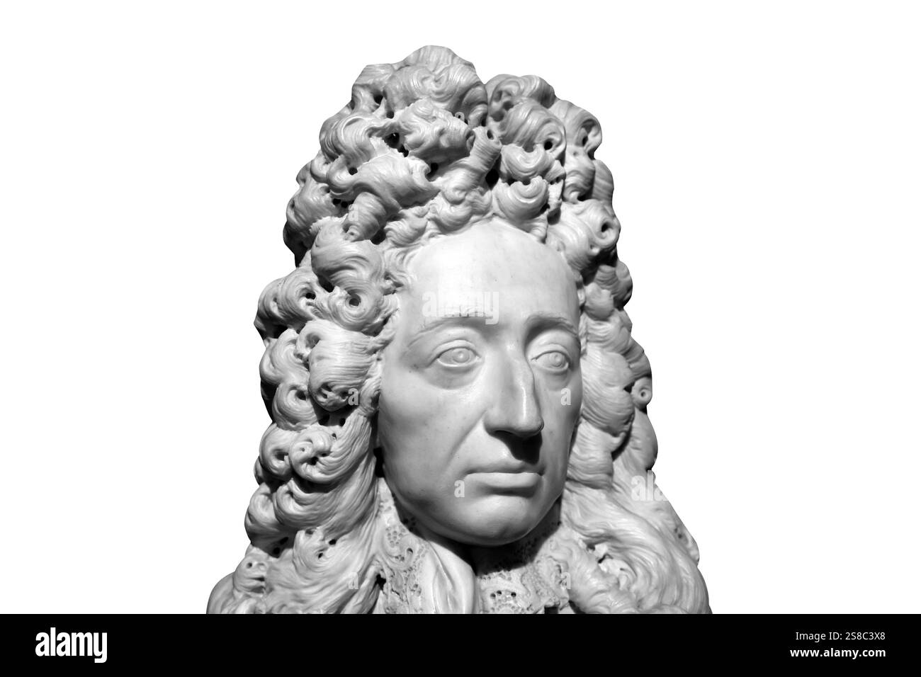 Statua in marmo bianco di una figura storica con intricati capelli ricci isolati su uno sfondo bianco Foto Stock