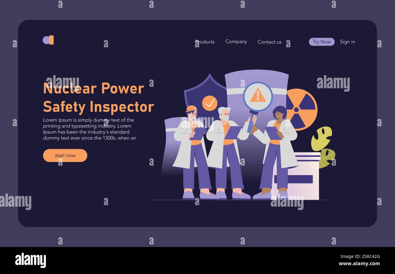 Concetto di ispettore di sicurezza nucleare. Professionisti che monitorano e garantiscono il funzionamento sicuro di un impianto nucleare. Gestione del rischio nucleare e protocolli di sicurezza. Illustrazione vettoriale. Illustrazione Vettoriale