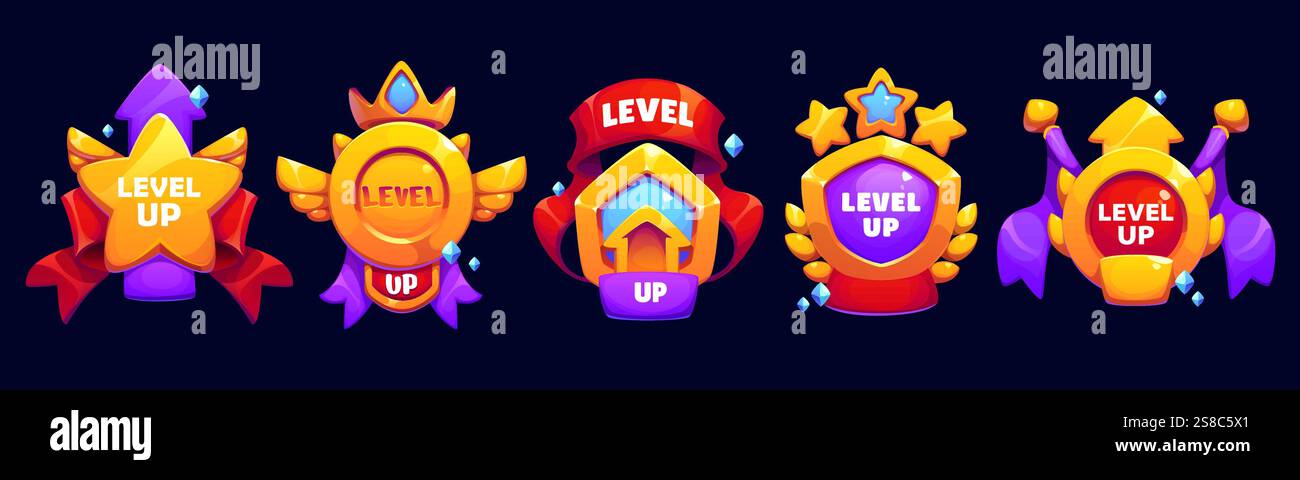 Premi di livello superiore, icone delle tariffe utente. I badge vettoriali dei cartoni animati indicano progressi e successi, la vittoria e il successo nel gioco. Elementi a comparsa della GUI per giochi mobili, app o progetti di gamification Illustrazione Vettoriale