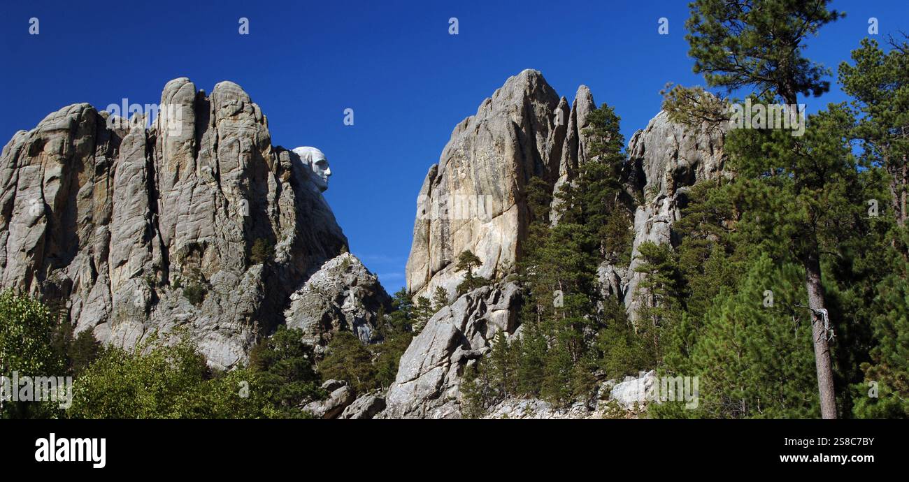 Mount Rushmore National Memorial. Sculture colossali progettate dallo scultore Gutzon Borglum (1867-1941). Furono scolpiti tra il 1927 e il 1941 nella parete di granito del Monte Rushmore nelle Black Hills. Scultura raffigurante George Washington (1732-1799), primo presidente degli Stati Uniti. Keystone, South Dakota, Stati Uniti. Foto Stock