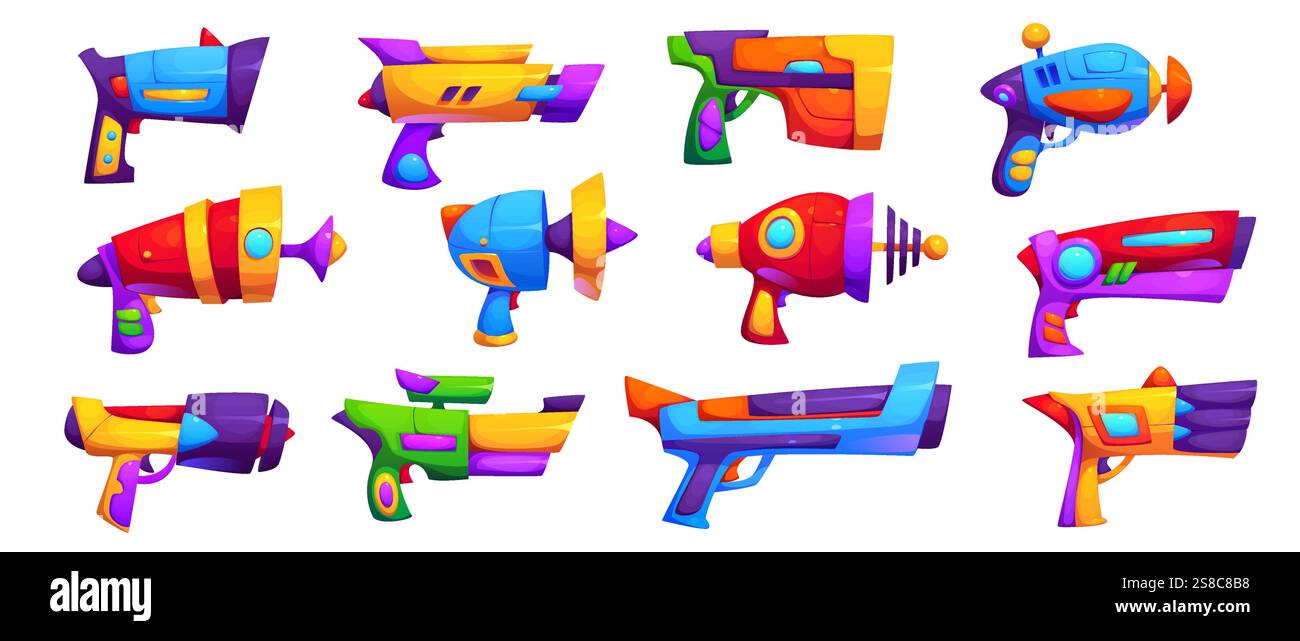 Arma sparatutto di gioco, pistole laser fantasy cartoni animati, spazio vettoriale e interfaccia utente del gioco Sci Fi. Giocattoli futuristici, blaster spaziali alieni e pistole laser. Arma energetica dei supereroi fantascientifici e armi da fuoco pizer Illustrazione Vettoriale