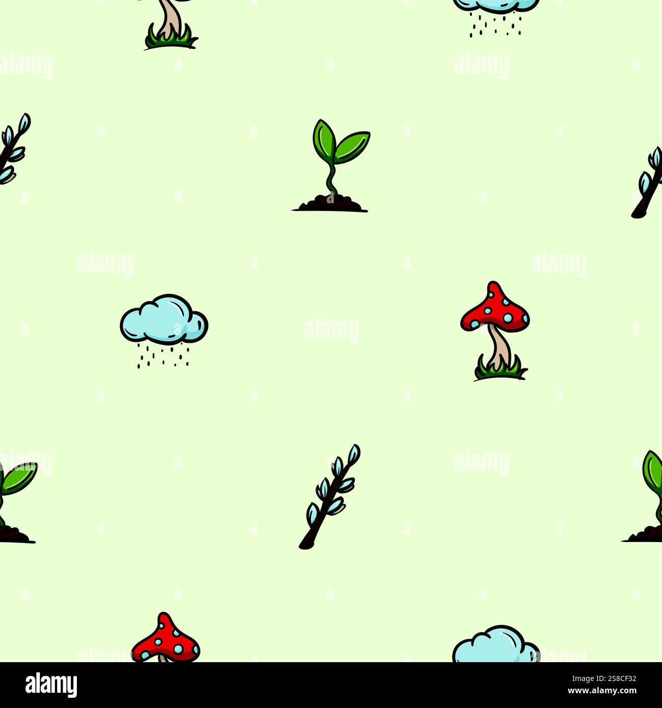 Motivo primaverile brillante senza cuciture con natura, piante e funghi. Sfondo vettoriale per decorazione, stampa, carta da imballaggio Illustrazione Vettoriale