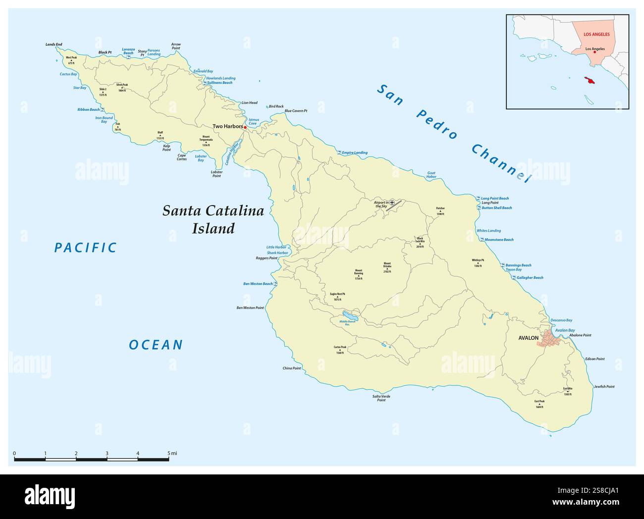 Mappa dettagliata dell'isola californiana di Santa Catalina, Stati Uniti Foto Stock