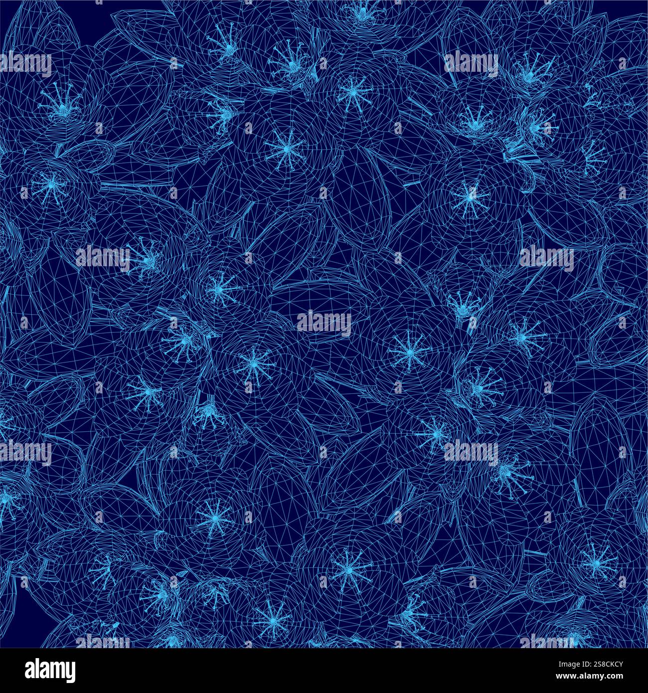 Sfondo blu con un motivo di fiori. Le stelle sono sparse in tutta l'immagine, con alcune più grandi e alcune più piccole Illustrazione Vettoriale