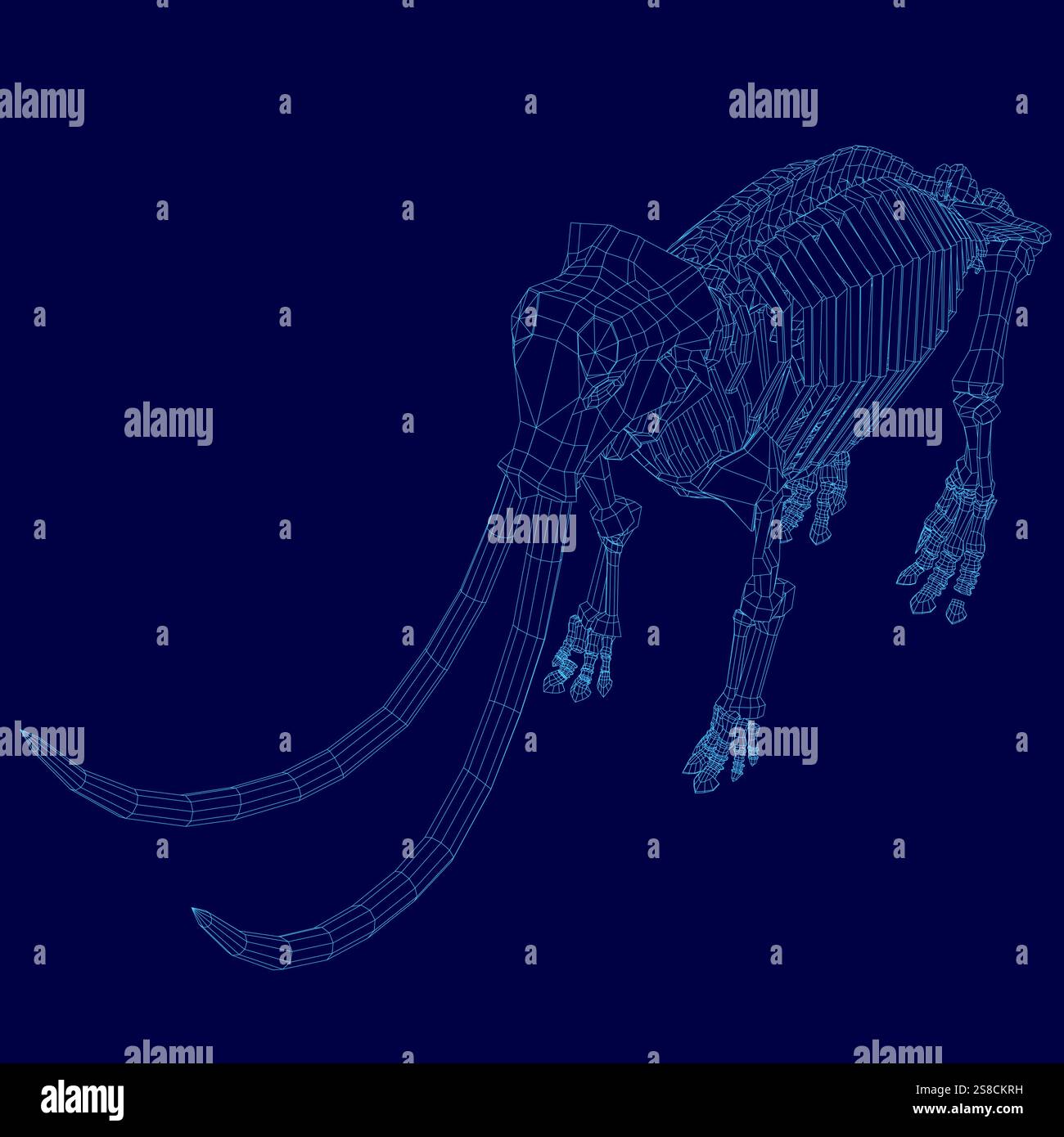 Immagine blu di uno scheletro con una zanna lunga. L'immagine è di un grande animale, forse un elefante o un mammut, con una zanna lunga Illustrazione Vettoriale