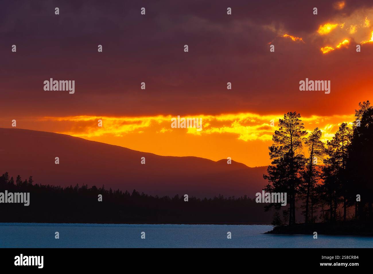 Vivaci sfumature di arancione e viola riempiono il cielo mentre il sole tramonta sul lago Burusjon in Svezia. Alberi sagomati fiancheggiano la riva, creando un'incredibile truffa Foto Stock