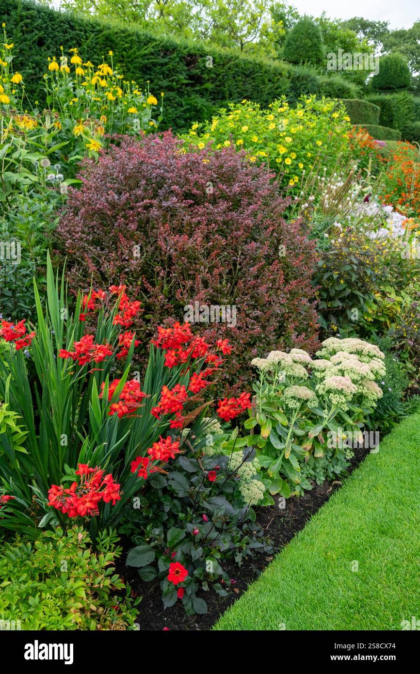 I confini erbacei si trovano ad Arley Hall nel Cheshire, Inghilterra. Fine estate e le piante sono in piena crescita. Foto Stock