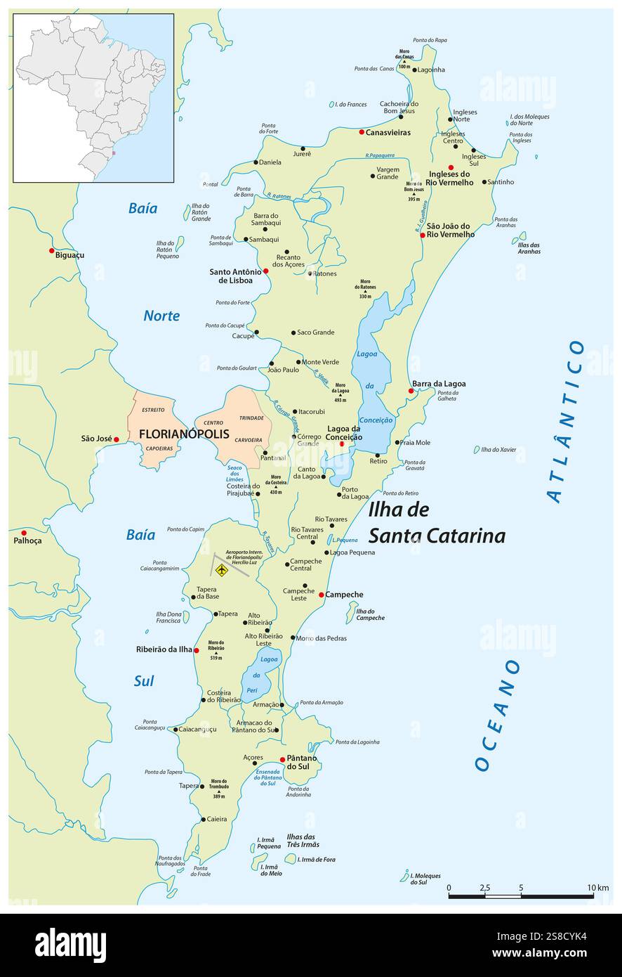 Mappa vettoriale dettagliata dell'isola brasiliana Santa Catarina, Santa Catarina, Brasile Foto Stock