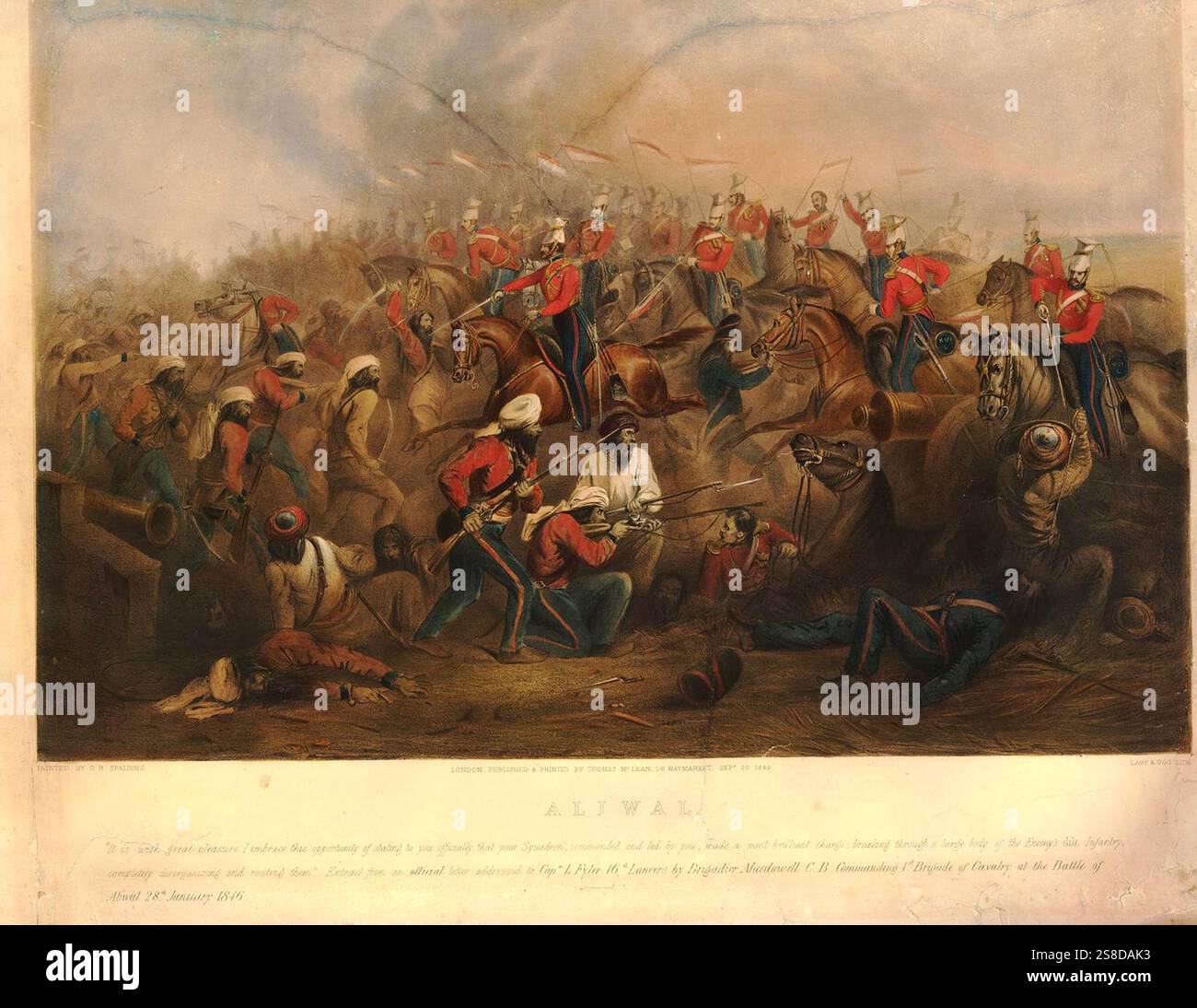 Il capitano Fyler, al centro, guidava la carica di cavalleria dei 16° Lancieri nella fanteria Sikh nella battaglia di Aliwal, che fu combattuta il 28 gennaio come parte delle prime guerre anglo-sikh. La prima guerra anglo-sikh iniziò sei anni dopo la morte di Ranjit Singh, che aveva fondato l'Impero Sikh nel Punjab. Il Punjab divenne sempre più disordinato, mentre gli inglesi aumentarono le loro forze militari al confine con il Punjab. Alla fine, il sempre più turbolento esercito Sikh Khalsa fu spinto ad attraversare il fiume Sutlej e invadere il territorio britannico, Foto Stock