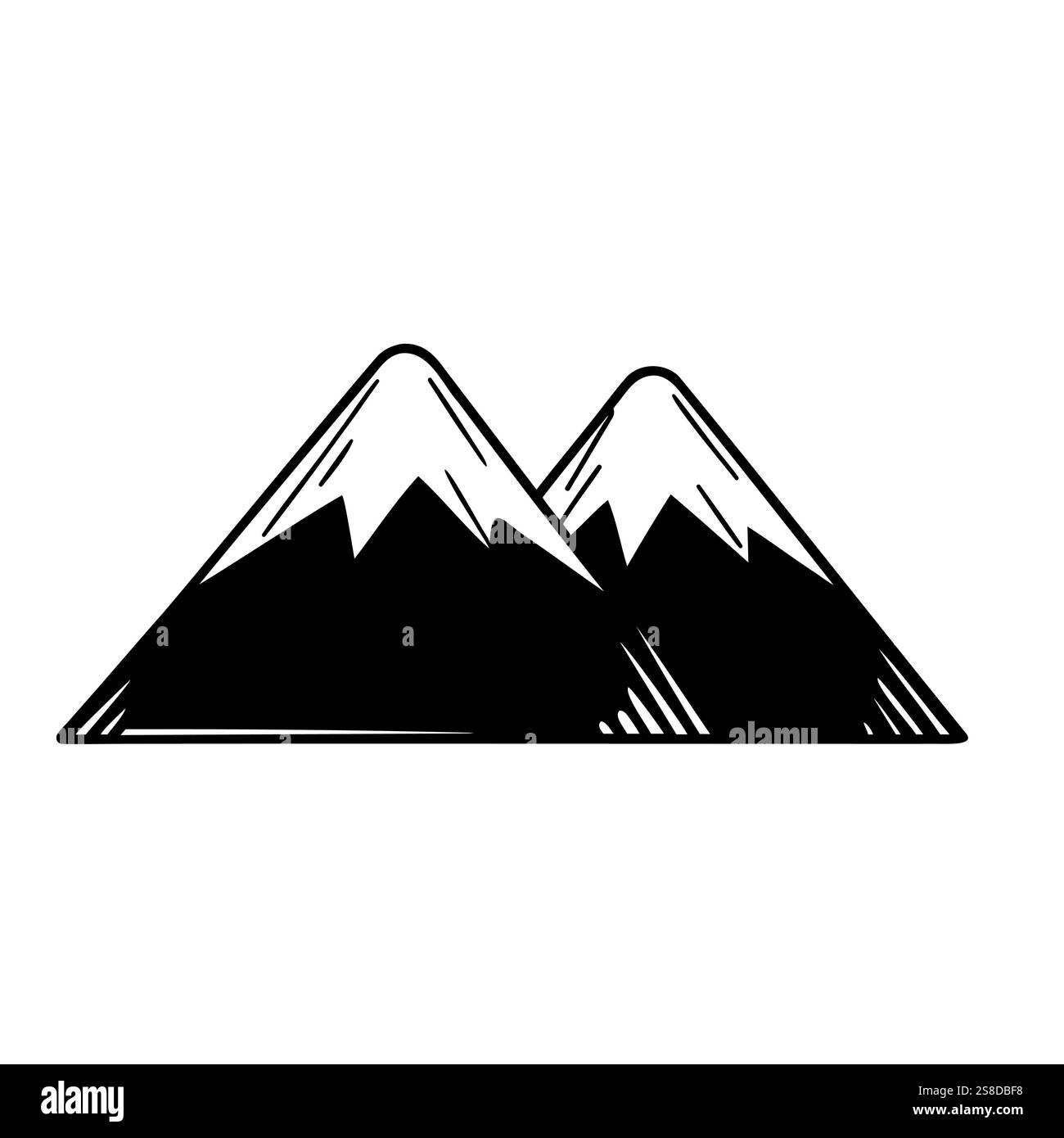 Illustrazione disegnata a mano di due maestose cime di montagna ricoperte di neve, che creano un contrasto sorprendente con il semplice sfondo bianco Illustrazione Vettoriale