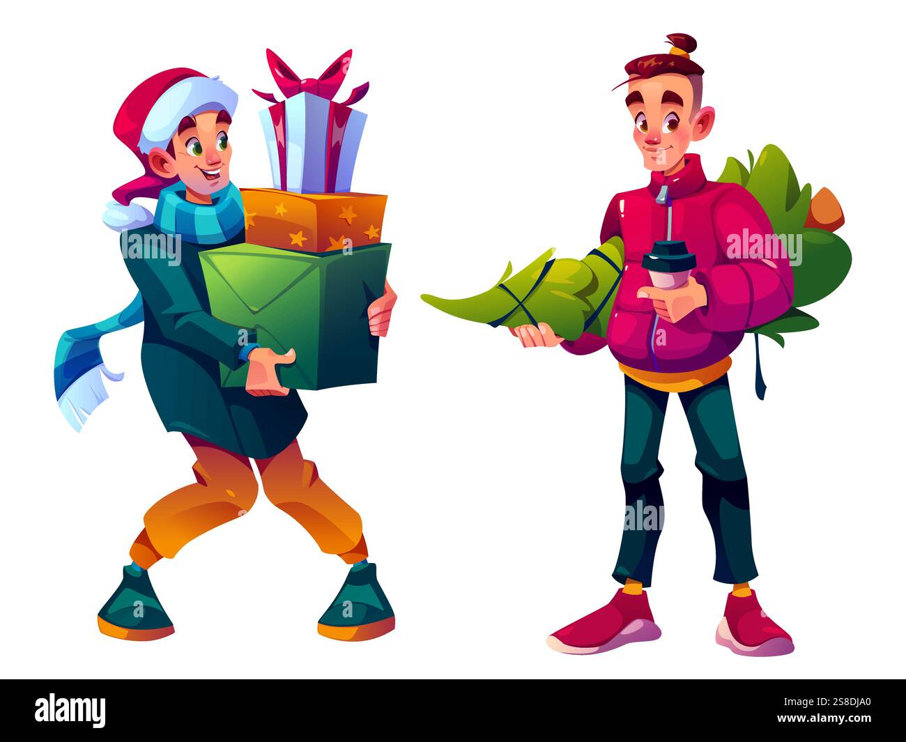 Uomini felici che portano regali e albero di Natale su sfondo bianco. Illustrazione vettoriale di personaggi maschi giovani con tazza di caffè e pila di pre Illustrazione Vettoriale