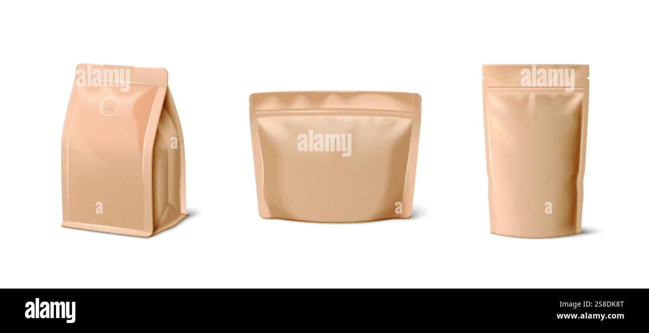 Set di confezioni beige kraft con sacchetto per caffè di carta - custodia con soffietto con sigillo, confezione a fondo piatto, sacchetto con chiusura a cerniera. Eco-compatibile con Illustrazione Vettoriale