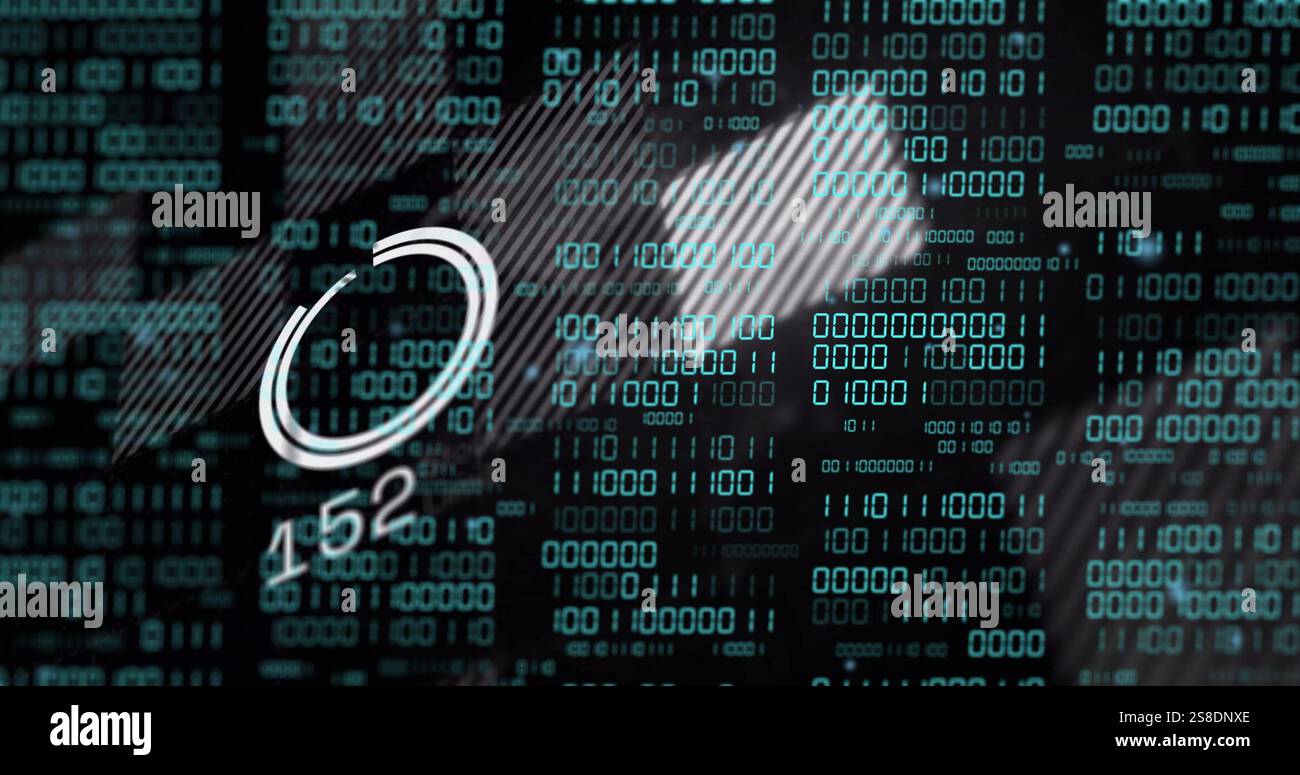 Immagine dell'elaborazione dei dati e della codifica binaria su globo su sfondo nero Foto Stock