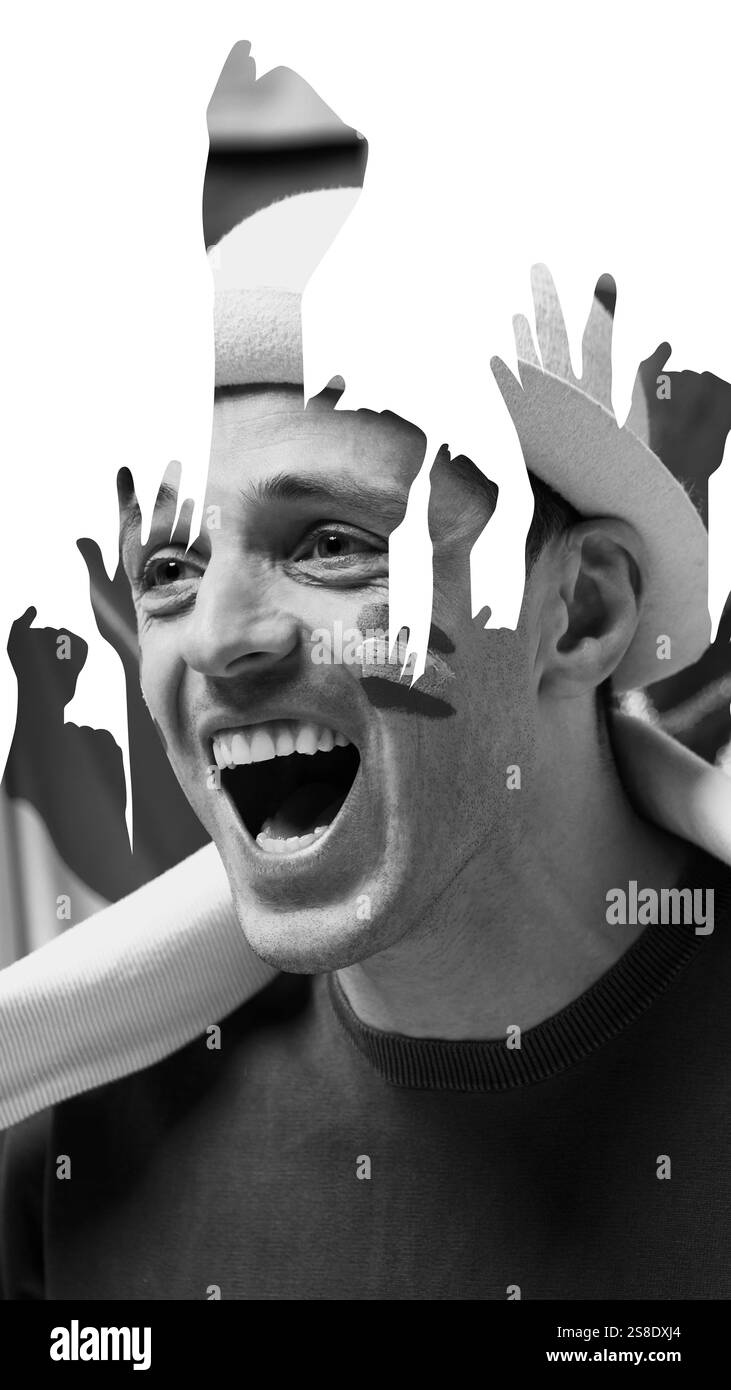 Primo piano di fan emozionali con il volto dipinto, tifo per la squadra e celebrazione del gioco di successo con sovrapposizioni astratte di mani. Monocromatico creativo Foto Stock