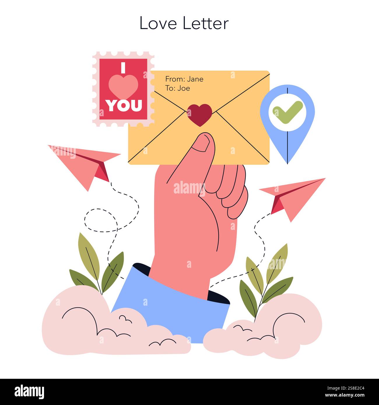 Questa illustrazione creativa raffigura una lettera d'amore sentita, che celebra il romanticismo e il profondo affetto per l'amore Illustrazione Vettoriale