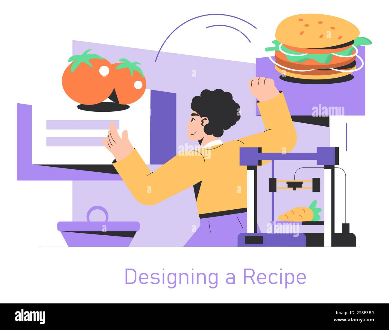 Concetto di stampa alimentare. Tecnologia del futuro nella gastronomia con uno chef che utilizza una stampante 3D per creare un hamburger. Cucina innovativa, design a base di ricette. Illustrazione vettoriale. Illustrazione Vettoriale