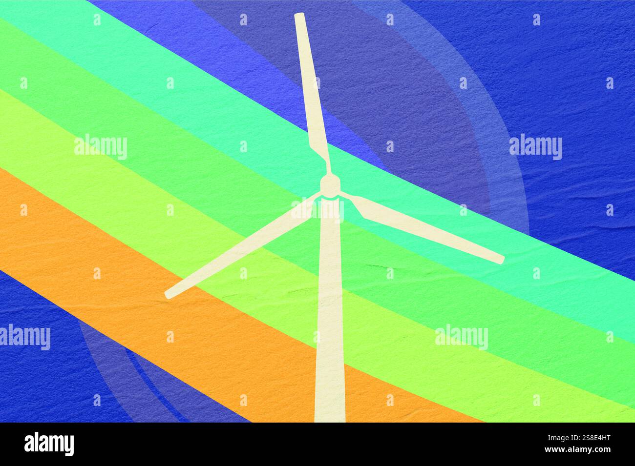 Una turbina eolica si erge in una fattoria ecocompatibile, a simboleggiare l'impegno per le energie rinnovabili. Contrasta con le strisce colorate, sottolineando Foto Stock