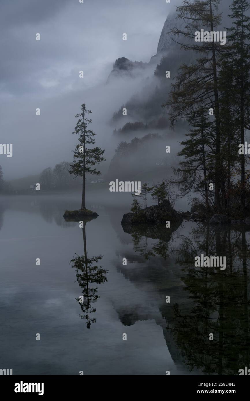 Una vista tranquilla e tranquilla del lago Hintersee nelle Alpi bavaresi, avvolta dalla nebbia, gli alberi solitari su piccole isole rocciose si riflettono nelle acque calme, ca Foto Stock