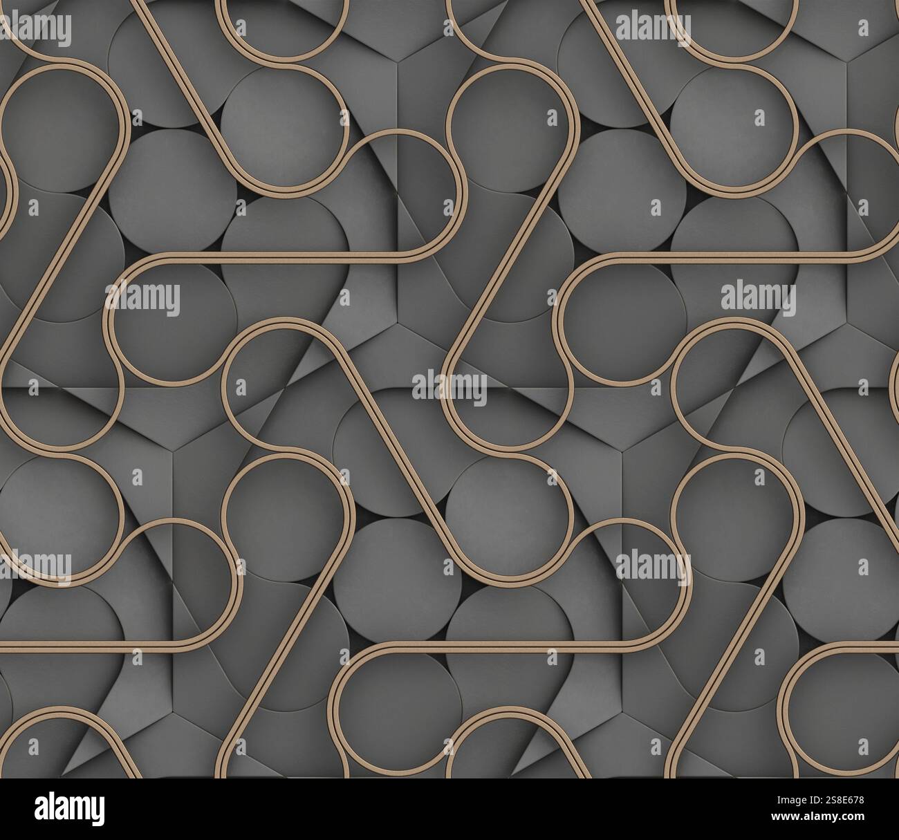 Elegante motivo 3D nero senza cuciture con forme a nastro marroni a incastro, che crea un design geometrico sofisticato e futuristico per lo schienale Foto Stock