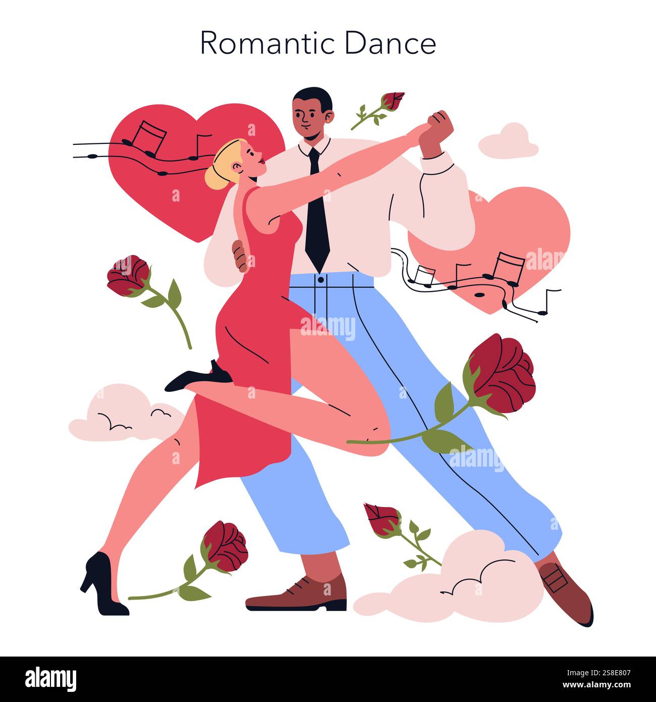 Un'incantevole e vibrante rappresentazione mostra una coppia gioiosamente danzante tra elementi romantici come cuori e rose Illustrazione Vettoriale