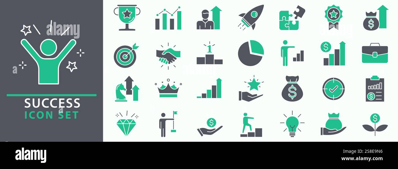 Set di icone riuscito. Simbolo di successo dello sviluppo aziendale, dei piani e dei processi. Icone raccolta vettoriale. Illustrazione Vettoriale
