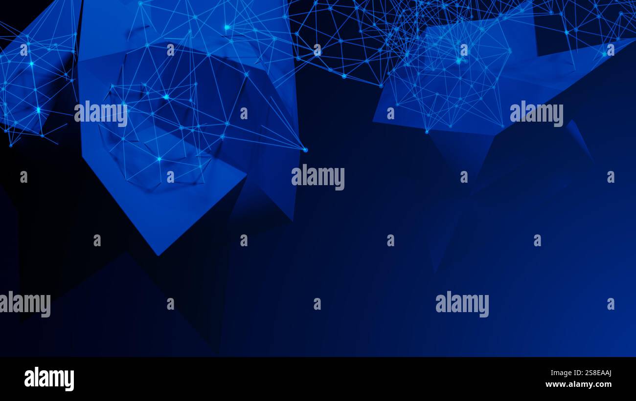 Questa composizione presenta un design intricato di forme geometriche blu collegate da linee luminose, che rappresentano un mix di tecnologia e arte astratta Foto Stock