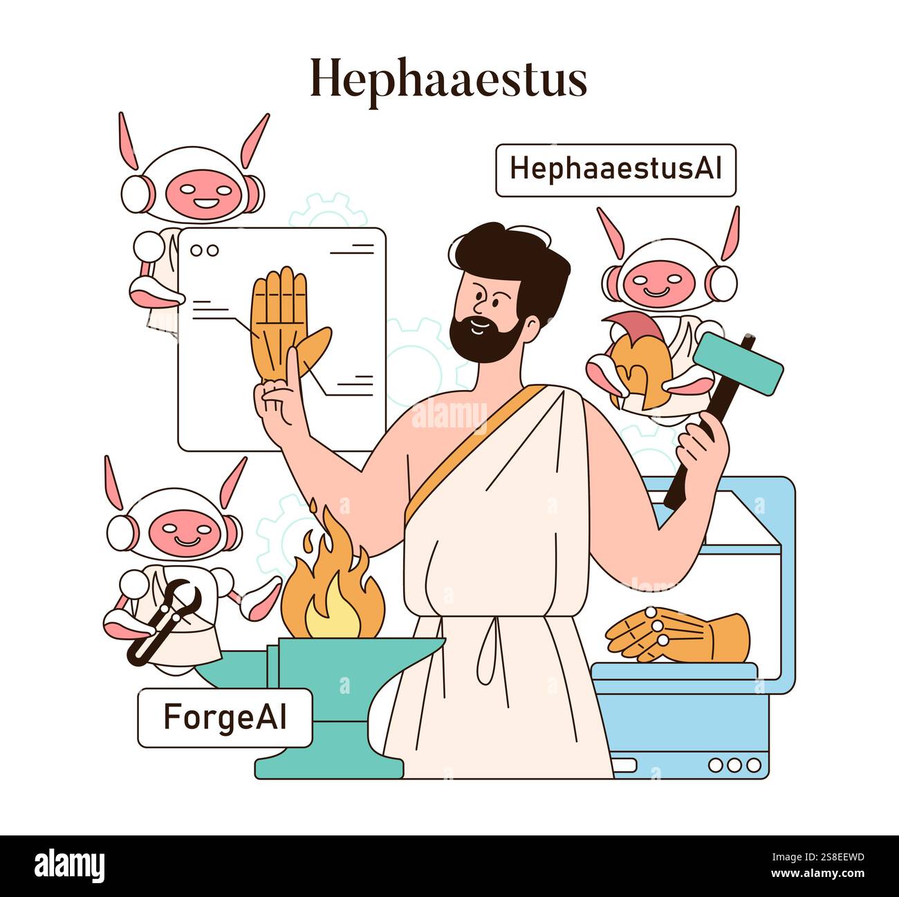 Olympic Gods e ai fusion. Hephaestus crea con aiutanti robotici sullo sfondo della tecnologia. L'antico mito incontra l'invenzione moderna. Illustrazione vettoriale. Illustrazione Vettoriale