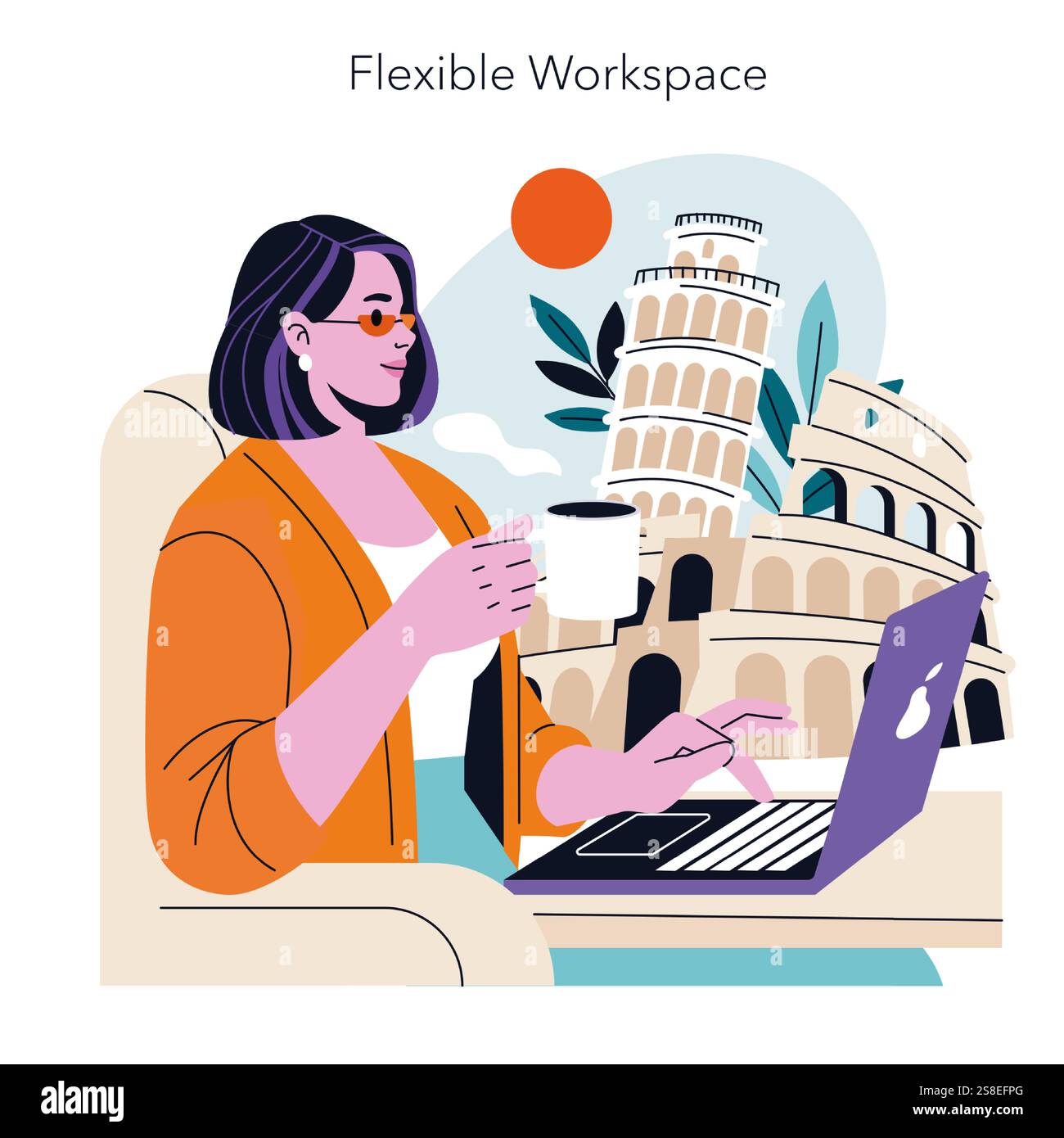 Concetto di lavoro remoto. Donna professionista che lavora su un notebook con punti di riferimento iconici, che dimostra flessibilità di lavoro. Combinare i viaggi e le mansioni lavorative. Illustrazione vettoriale. Illustrazione Vettoriale