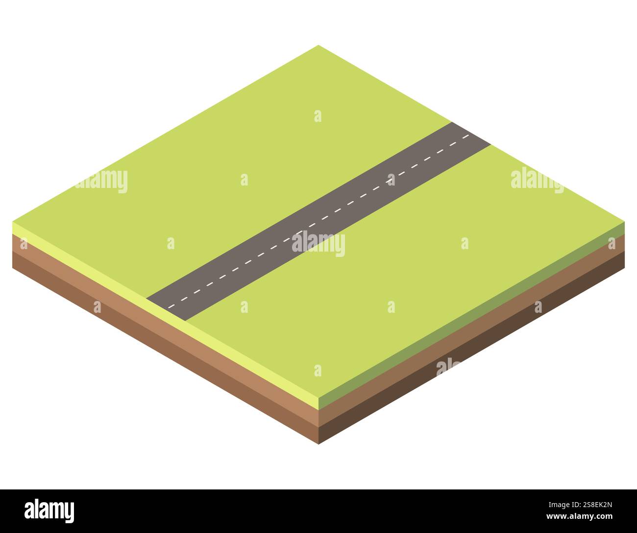 Terreno isometrico con una strada rettilinea che attraversa un campo verde. Blocco quadrato di terreno con diversi strati di sporcizia. Illustrazione vettoriale isolata su bianco Illustrazione Vettoriale