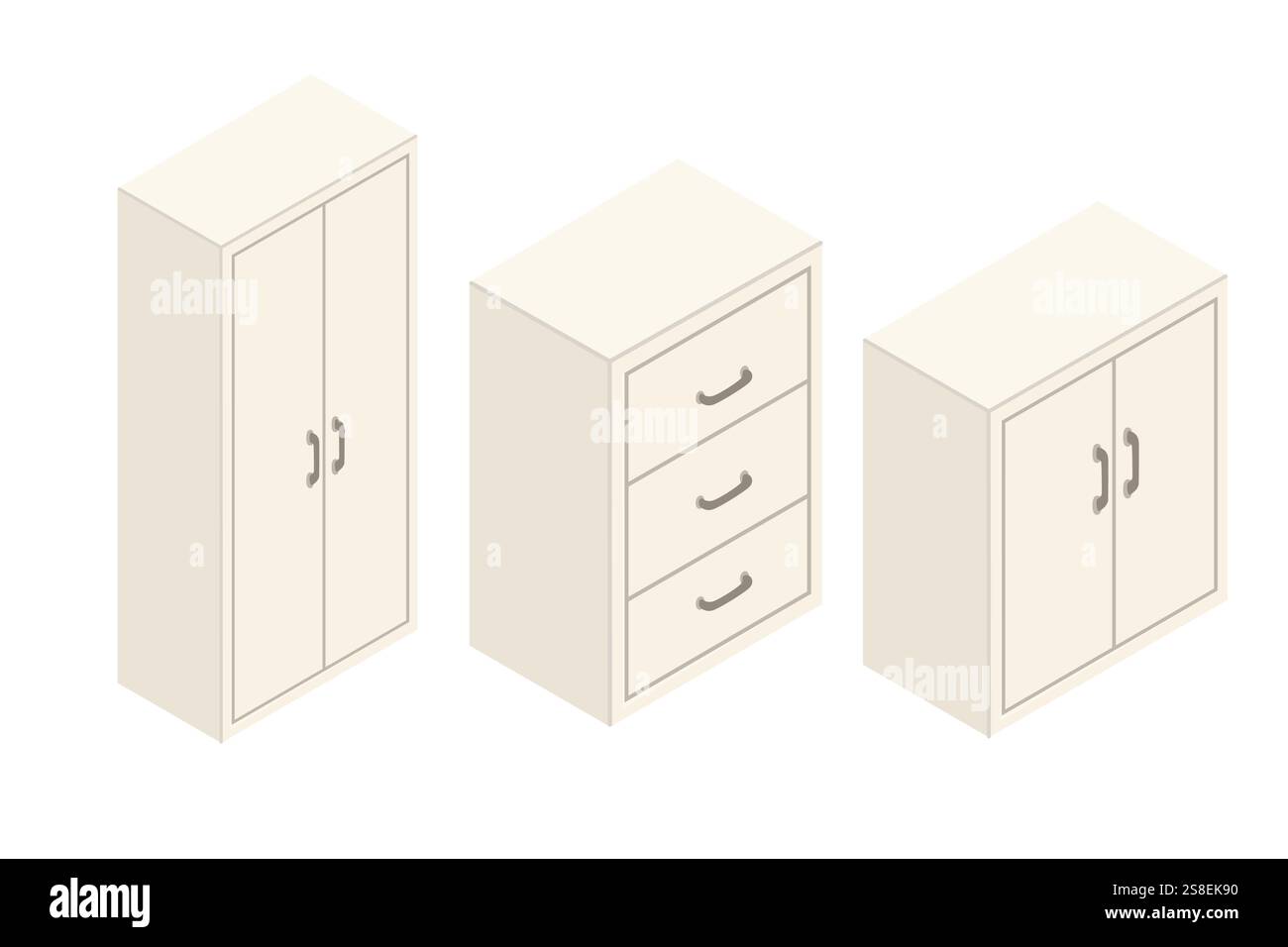 Armadi e cassetti isometrici in tonalità bianche. Set di mobili beige per ufficio o per la casa. Illustrazione vettoriale isolata su sfondo bianco. Illustrazione Vettoriale
