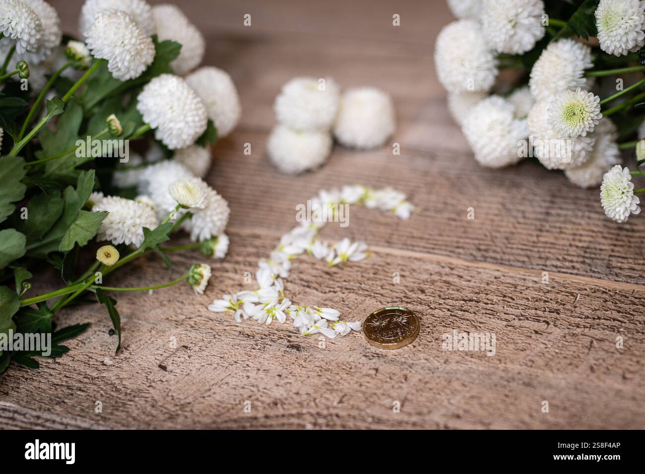 Accanto a una moneta da una sterlina si trova un segno in sterline fatto di petali bianchi e vivaci, che fonde natura con finanza, crescita sostenibile, investimenti Foto Stock