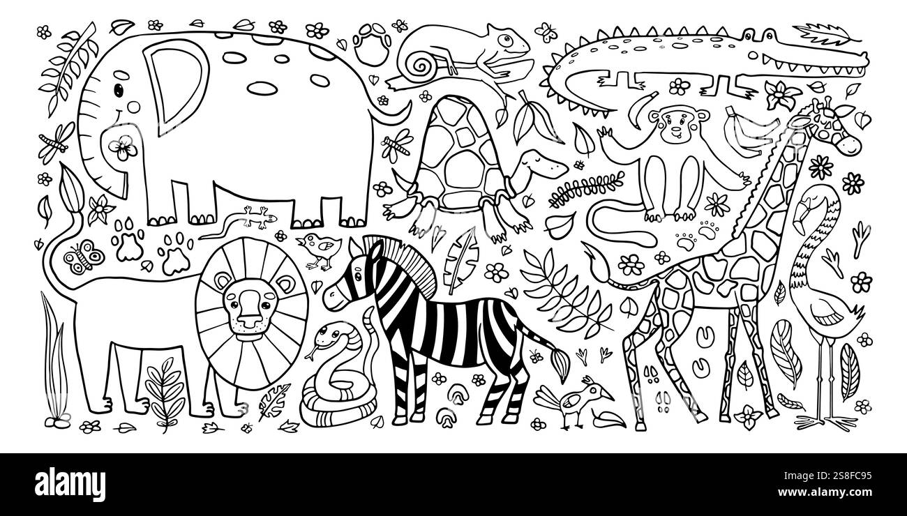 Una giocosa pagina colorata della giungla con una varietà di animali come elefanti, leoni, giraffe e molto altro ancora, circondati da flora e fauna, perfetta per c Illustrazione Vettoriale