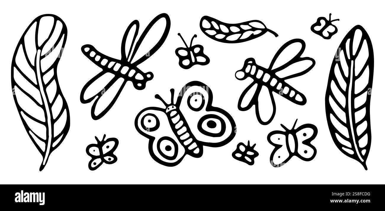 Illustrazioni di insetti in bianco e nero di libellule e farfalle, giocosa, raccolta educativa di scarabocchi minimalisti. Perfetto per bambini e bambini Illustrazione Vettoriale