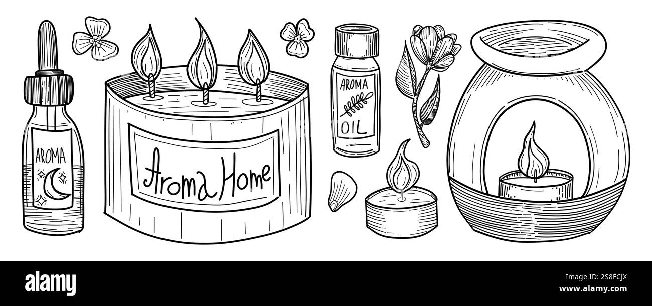 Un set di aromi calmanti con candele, bottiglie di olio essenziale e incenso. Ideale per trattamenti termali, benessere, relax e effetti visivi aromaterapici nell'arredamento della casa Illustrazione Vettoriale