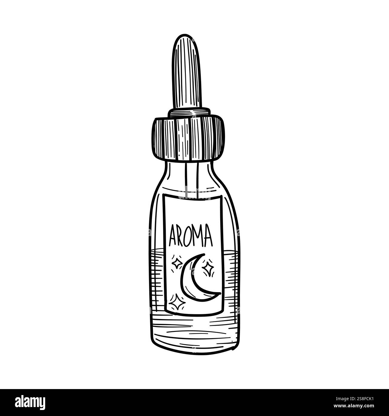 Un'elegante bottiglia di olio essenziale con contagocce, perfetta per progetti di aromaterapia, benessere e cura della pelle. Linee pulite e semplici per bellezza e salute-rela Illustrazione Vettoriale