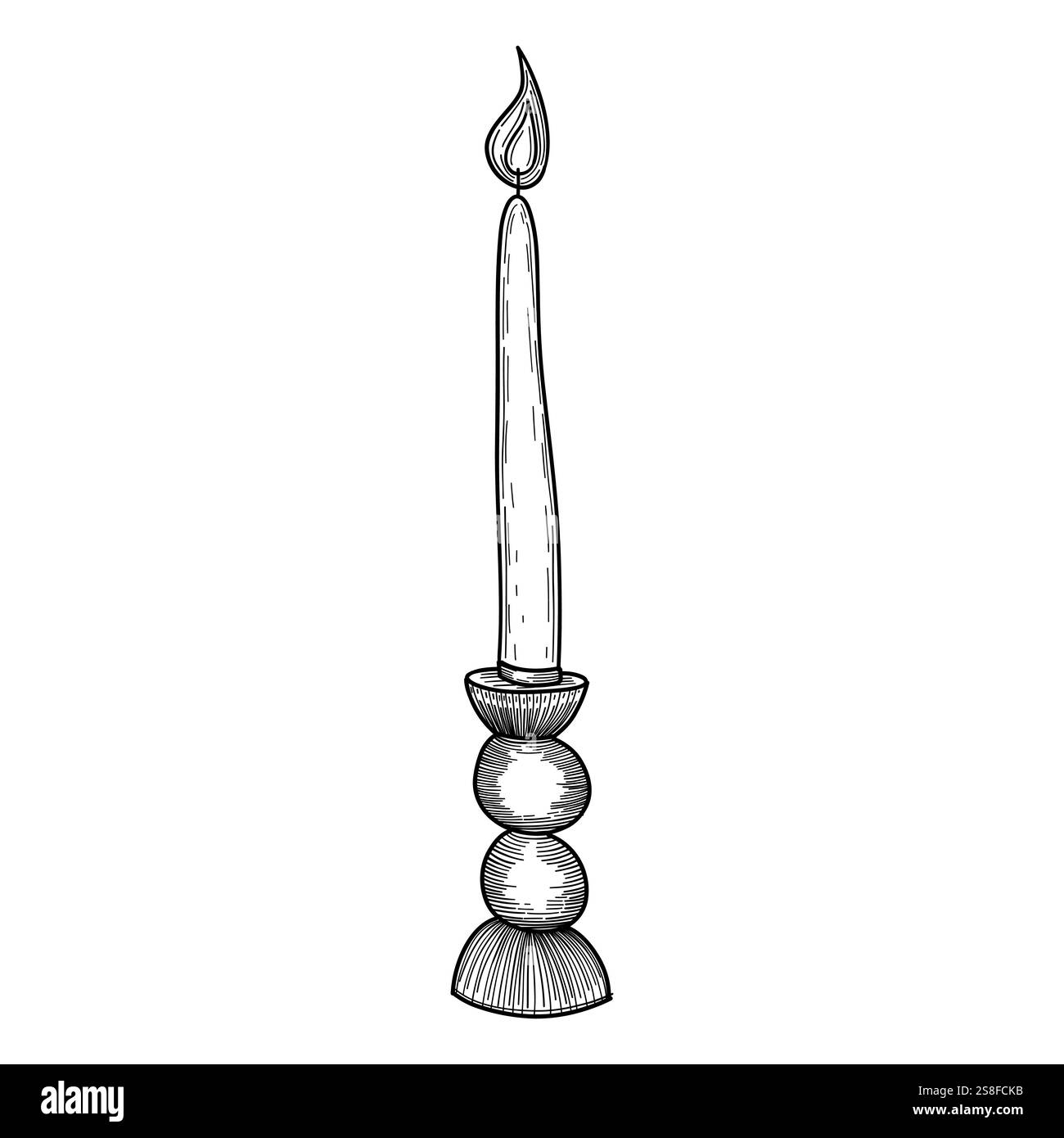 Illustrazione minimalista in bianco e nero di una candela alta su un supporto decorativo, perfetta per l'arredamento della casa, la spiritualità o il design di un ambiente meditativo Illustrazione Vettoriale